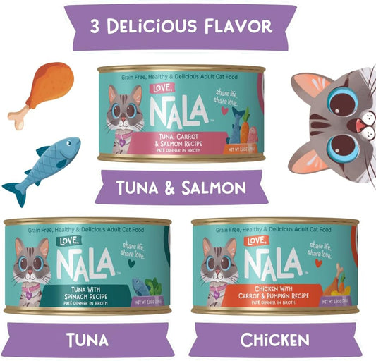 LOVE, NALA - Natural Adult Cat Wet Food - Pate Variety Pack - Tuna, Chicken, Tuna and Salmon - Grain Free, Non-GMO, Fiber Blend, Minerals, Vitamins - 12 Pack 2.1 lbs.