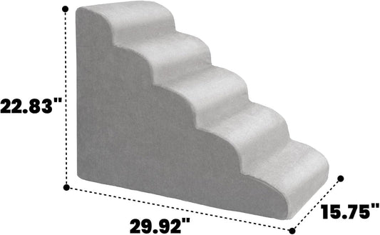 MEWANG Dog Stairs for Small & Medium Dogs and Old Cats β3/4/ 5 Steps High-Density Foam Pet Ramp for Bed & Couch, Non-Slip, Washable Cover, Grey (Round Corner, 5 Steps: 29.92''Γ22.83''Γ15.75'', 2)