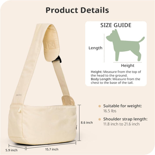 Dog Sling Carrier for Small Dogs and Cats, Lightweight Collapsible Pet Travel Bag with Adjustable Strap, Side Pockets & Breathable Mesh (Beige, 15.7" L x 5.9" W x 8.6" H)