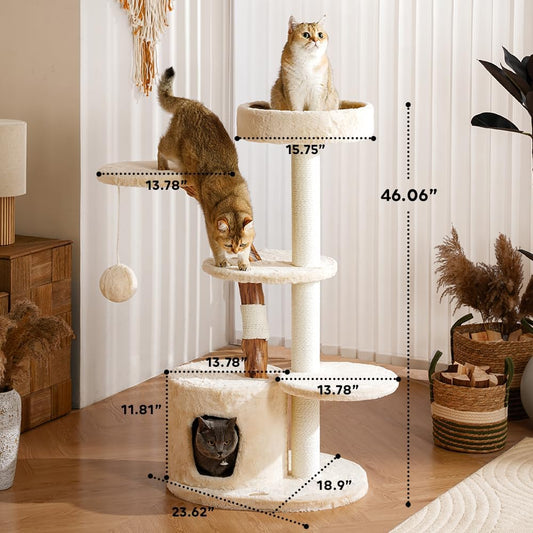 Unique Cat Tree for Indoor Cats,46ββ Luxury Multifunctional Cat Tower with Natural Wood Scratching Post,Fur Cat Hammock and Viewing Platform,Funny Toy,Comfortable Cat Condo with Stable Cat Base