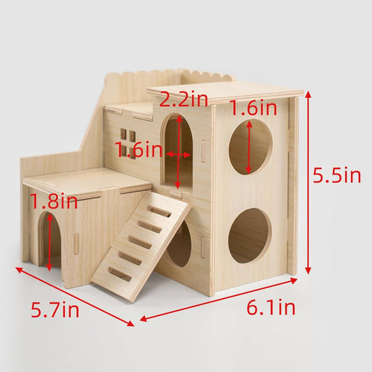 Multi-Chamber Hamster Hideout & House, Natural Wood Small Animal Cage Accessories for Dwarf Hamsters, Gerbils and Mice β Ventilated Design with Structure