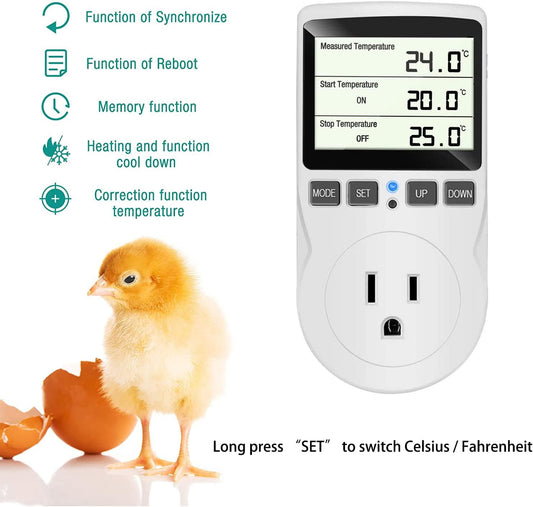 KABASI Digital Temperature Controller, LCD Screen Heating Cooling Reptile Thermostat with Sensor Probe for Snake, Lizard, Incubator, Brewing, Incubator, Greenhouse, Terrarium β/β 15A 1800W 120V