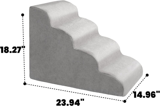 MEWANG Dog Stairs for Small & Medium Dogs and Old Cats β3/4/ 5 Steps High-Density Foam Pet Ramp for Bed & Couch, Non-Slip, Washable Cover, Grey (Round Corner, 4 Steps: 23.94''Γ18.27''Γ14.96'', 2)