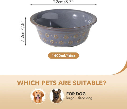 Ceramic 8.7inch Dog Bowl for Large Dog, Basic Food and Water Bowl for Replacement, Wide Opening Rounded Edge(Single Bowls, Reactived Glaze -Grey)