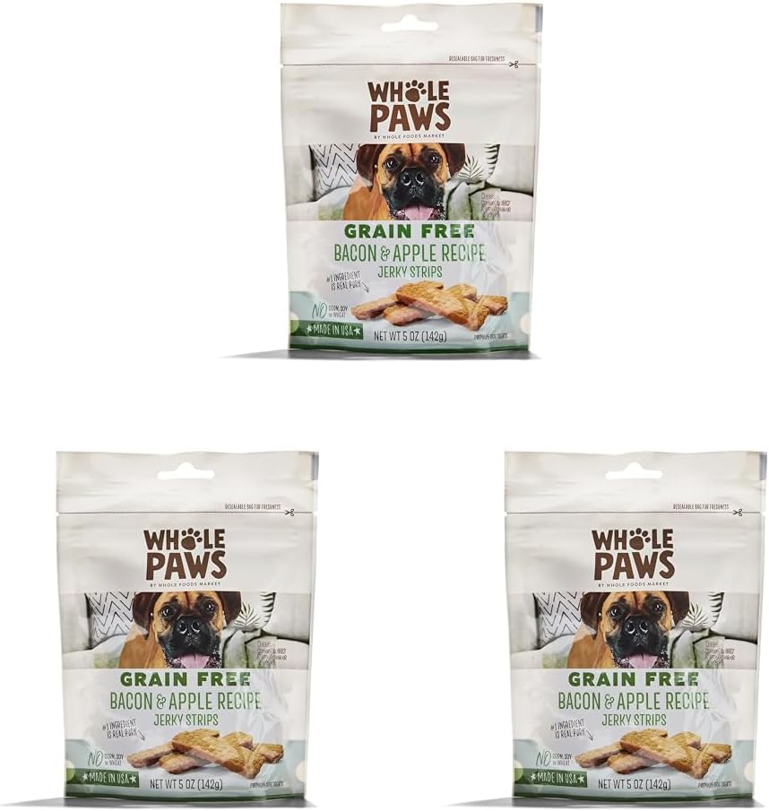 Whole Paws, Grain-Free Jerky Dog Treats, Bacon & Apple Recipe, 5 Ounce (Pack of 3)