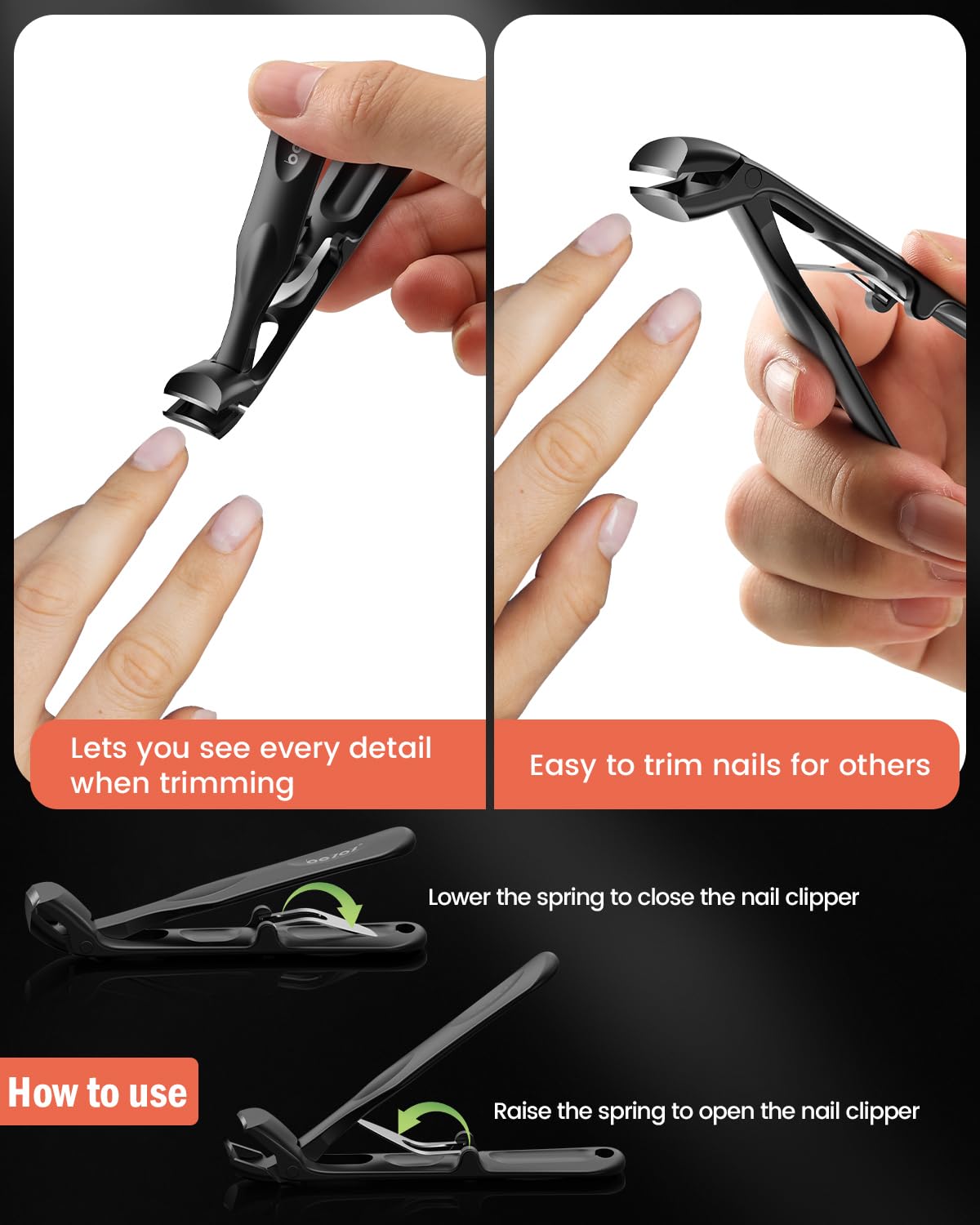 BEZOX Angled Toenail Clippers for Thick Toenails – Long Handle Toe Nail Clippers for Thick Nails for Seniors, Wide Jaw & Heavy-Duty Nail Cutters with Catcher - Black