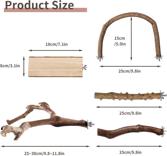 Bird Perches, 5pcs Natural Wood Birds Stand Branch, Bird Perch Chewing Stick Cage Accessories Parrot Climbing Standing Branches Paw Grinding Fork Sets for Cockatiels Ringneck Parrots