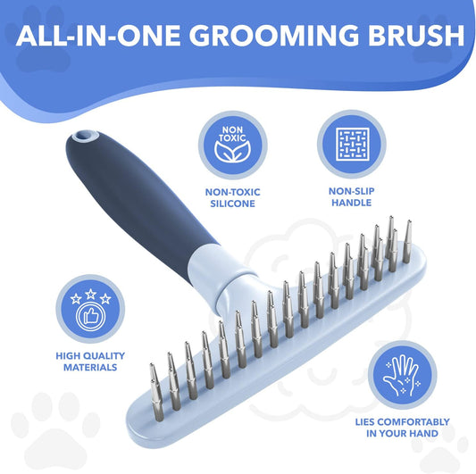 Dog rake deshedding dematting Brush Comb - Undercoat rake for Dogs, Cats, matted, Short,Long Hair Coats - Brush for Shedding, Double Row Stainless Steel pins - Reduce Shedding by 90% (Haze Blue)