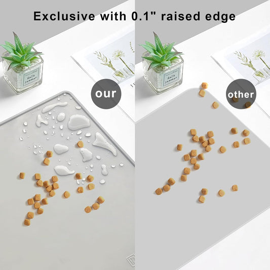 KVK Dog Water Mat 2-Pack 20Γ16in - Silicone Dog Mats for Food and Water, Non-Slip Pet Feeding Mat for Floors, Waterproof Cat Bowl Mats to Prevent Spills -Dark Gray & Silver Gray