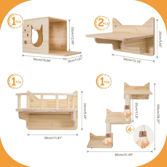 Wall-Mounted Cat Shelves for Large Cats β 9-Piece Pine Wood Cat Furniture with Scratching Posts, Ladder & House β Indoor Modern Climbing Wall Gym for Cats