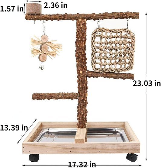 Natural Wood Parrot Stand - Ideal Toy & Accessory for Parakeets, Canaries, Cockatiels, Conure, Lovebirds - Bird Perch Stand with Removable Tray Climbing Net Chewing Toys- Perfect Pet Birds Playstand