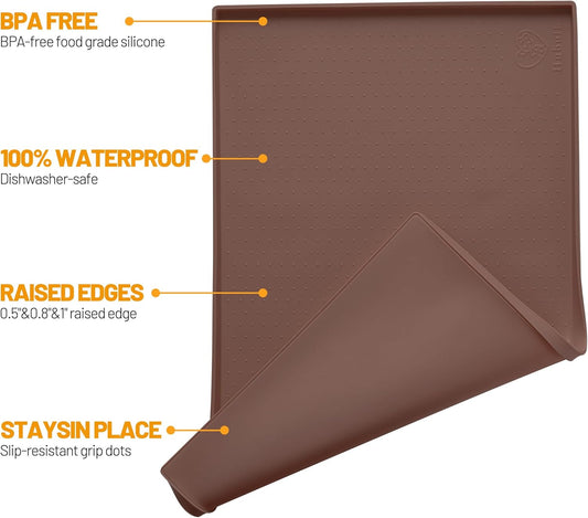 Hubulk Dog Feeding Mat,100% Waterproof Food Grade Silicone Pet Food and Water Bowl Placemat,Dishwasher, High Raised Edge to Prevent Spills,Nonslip Tray to Stop Messes on Floor(19"x12"x0.5", Brown)