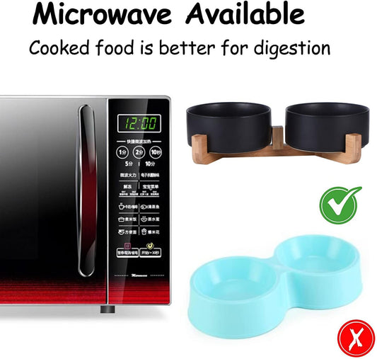 Petygooing Dog Bowls,Black Ceramic Cat Dog Bowl Set with Wood Stand for Food and Water,Non-Slip Cute Modern Pet Dish Set for Cats Small and Medium Dogs (28OZ/6.1 in)