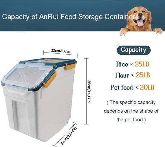 AnRui Airtight Flour Storage Container 25lb, Plastic Grain Storage Bucket, Rice Cereal Dispenser Organizer Box with Lid, Cat Dog Food Storage Bin with Measuring Cup, Scoop, Wheels, 2Pcs Blue