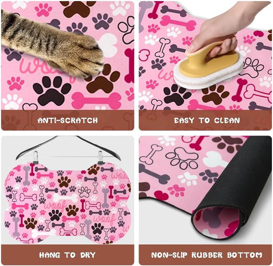 Dog Food Mats for Floors Waterproof, Pet Feeding Absorbent Water Bowl Mat Cat Placemats Pink Bone Shape 25.5 * 17 inch