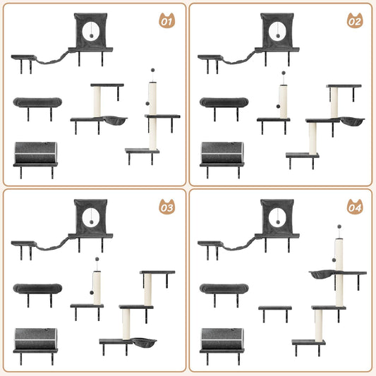 NUNU LAB 7-in-1 Wall Mounted Cat Climber Set, Cat Wall Furniture Set with House, Bridge, Steps, Scratcher Post, DIY Playground, Cat Wall Shelves - Dark Gray