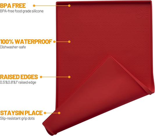Hubulk Dog Feeding Mat,100% Waterproof Food Grade Silicone Pet Food and Water Bowl Placemat,Dishwasher, High Raised Edge to Prevent Spills,Nonslip Tray to Stop Messes on Floor(28"x18"x0.8", Red)