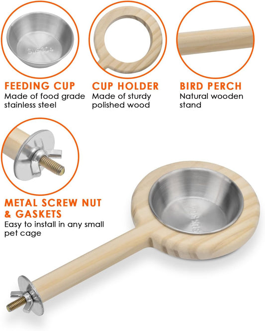 KATUMO Bird Perch Feeding Cup Birds Platform Parrot Wood Perch Stand Toy Cage Accessory for Parakeet Lovebird Cockatiel Conure Budgie Small Parrots (L Perch (Pack of 2))