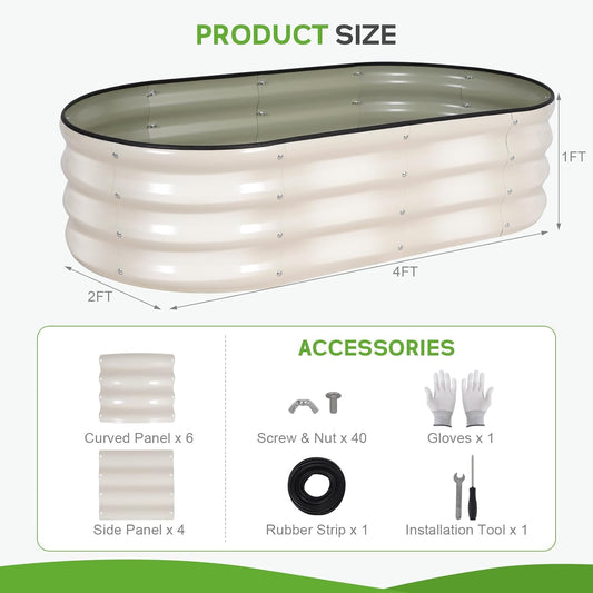 Galvanized Raised Garden Bed Outdoor - 4Γ2Γ1ft Planter Raised Beds for Gardening | Oval Metal Garden Planter Box with Safety Edging and Gloves for Vegetables Fruits and Flowers - White