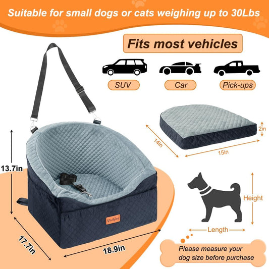Vivifying Dog Car Seat for Small & Medium Dogs, Detachable & Washable Booster Seat for Pets Up to 30lbs, Travel Bed with Storage Pockets and Safety Belt β Gray&Black