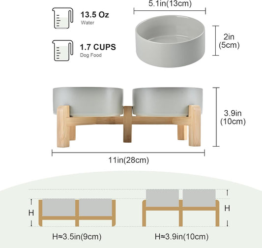 SPUNKYJUNKY Elevated Dog Bowls Ceramic, 5.1'' Dogs and Cat Food Water Bowls Raised with Non-Slip Bamboo Stand for Puppy Small Sized Breed Microwave Dishwasher Safe - 13.5 OZ,Grey