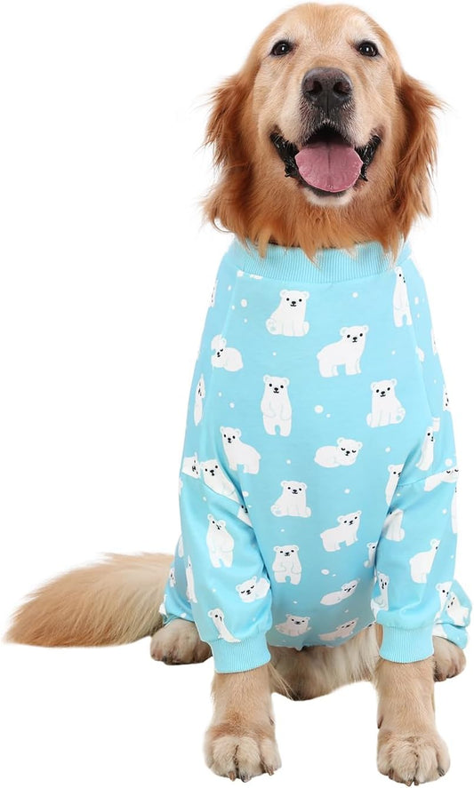 HDE Dog Pajamas One Piece Jammies Jumpsuit Pet Clothes Outfit Stretchy Lightweight Comfy Shirt Pjs for M-3XL Dogs Sleepy Polar Bears - L