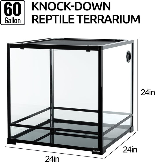 REPTIZOO 60 Gallon Glass Reptile Tank, 24" x 24" x 24" Large Reptile Terrarium Front Opening Terrarium with Double Hinge Door and Top Screen Ventilation, Easy Assembly Enclosure Tank