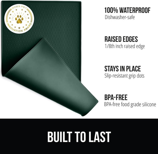 GORILLA GRIP 100% Waterproof Raised Edge BPA Free Silicone Pet Feeding Mat, Dog Cat Food Mats Contain Spills Protects Floors, Placemats for Cats and Dogs Water Bowl, Pets Accessories 23x15 Green
