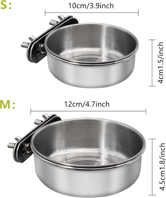 Small+Medium Bird Feeding Dish Cups,Parrot Food Bowl Cage with Clamp Holder Stainless Steel,Birdcage Coop Water Feeder for Cockatiel Parakeet Macaw Finches Lovebirds Small Animals (1 Pack, S+M)