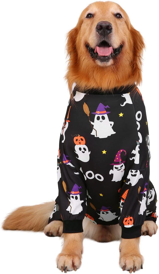 HDE Dog Pajamas One Piece Jammies Jumpsuit Pet Clothes Outfit Stretchy Lightweight Comfy Shirt Pjs for M-3XL Dogs Cute Ghosts - L