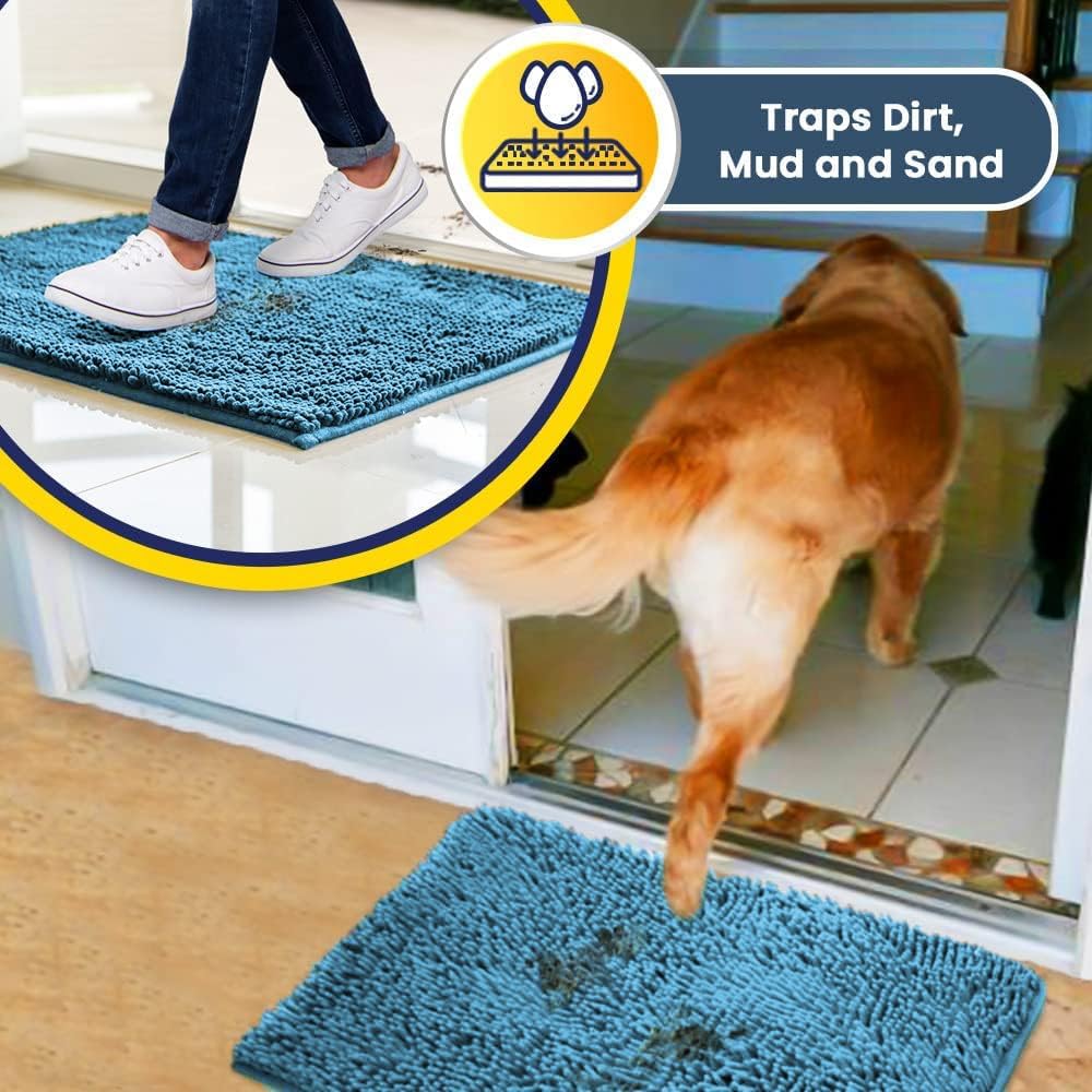 Muddy Mat® AS-SEEN-ON-TV Highly Absorbent Microfiber Door Mat and Pet Rug, Non Slip Thick Washable Area and Bath Mat Soft Chenille for Kitchen Bathroom Bedroom Indoor and Outdoor - Sky Blue 24" x 96"