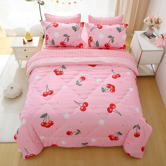 Girls Cherry Comforter Bedding Set Queen Size 7 Piece Pink Kawaii Oriental Cherry Comforter Set Bed in A Bag for Kids Teens All Season (Comforter,Flat Sheet,Fitted Sheet and Pillow Sham)