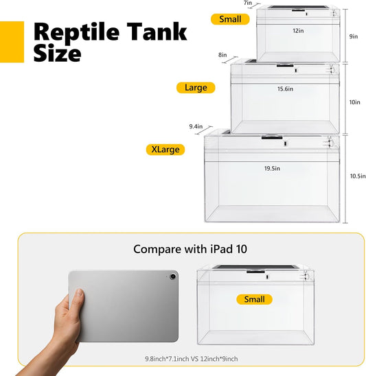 Reptile PC Terrarium,Anti Breakage 15x8x10inch Amphibians Insect Tank Gecko Starter Kits,Top Sliding Door Screen Ventilation Mini Isopod Habitat Cages,Hygrometer Thermometer,Hide Cave,Tweezer,Sprayer