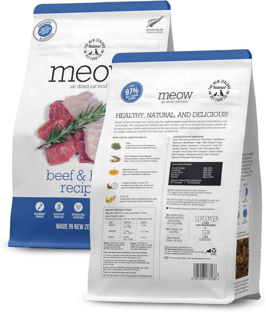 Meow Air Dried Cat Food - Beef & Hoki Recipe - Topper, Mixer or as Cat Training Treats, All Life Stages - 26.5 oz