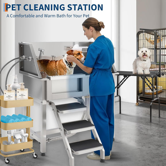 Stainless Steel Dog Washing Station - Dog Bath Tub for Large, Medium, Small Dogs, Pet Grooming Tub with Ramp, Non-Slip Grate, Shower, Soap Box, Faucet, Drain for Home & Outdoor (Left RAMP, 38")