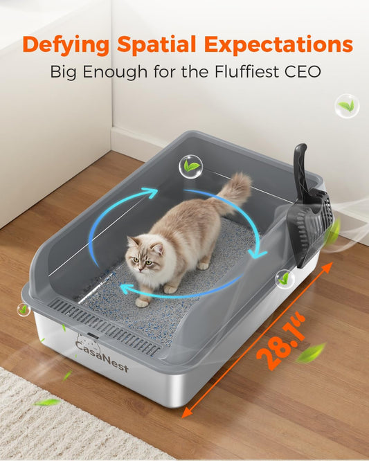XXXL Stainless Steel Cat Litter Box 28.1''Ă20.5''Ă 10.1â Extra Large Metal Cat Litter Box for Big, Multi Cats, Anti-Leakage & Non-Stick Metal Pan, Easy to Clean, Durable (Dark Grey