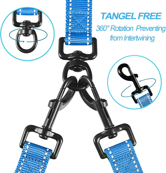 PetBonus Double Dog Leash, No Tangle Dual Leash, Reflective Walking Training Lead, 4 Comfortable Padded Handles for 2 Dogs with Collapsible Bowl and Waste Bags (Light Blue, Large)