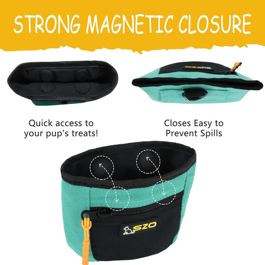 SZO Dog Treat Pouch with Pet Training Clicker, Dog Training Treat Pouch with Waist Belt Clip, Magnetic Closure, Hands-Free Training - Black&Green