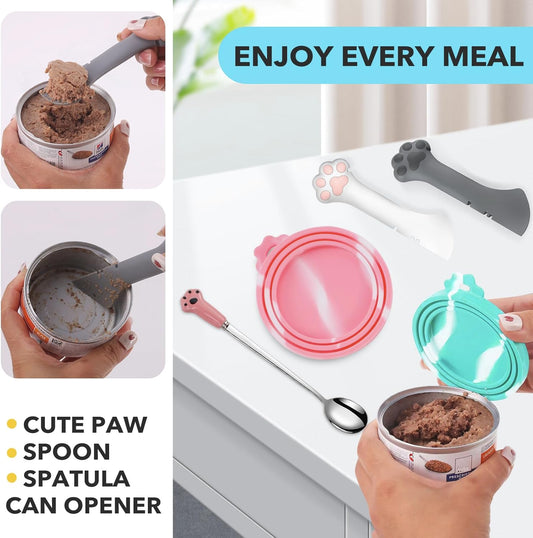 Comtim 5 PCS Pet Food Can Lids & Spoons Set - Silicone Dog Cat Covers With Multi-Function Spatula Opener for Wet Food - Long Handle Easy to Scoop