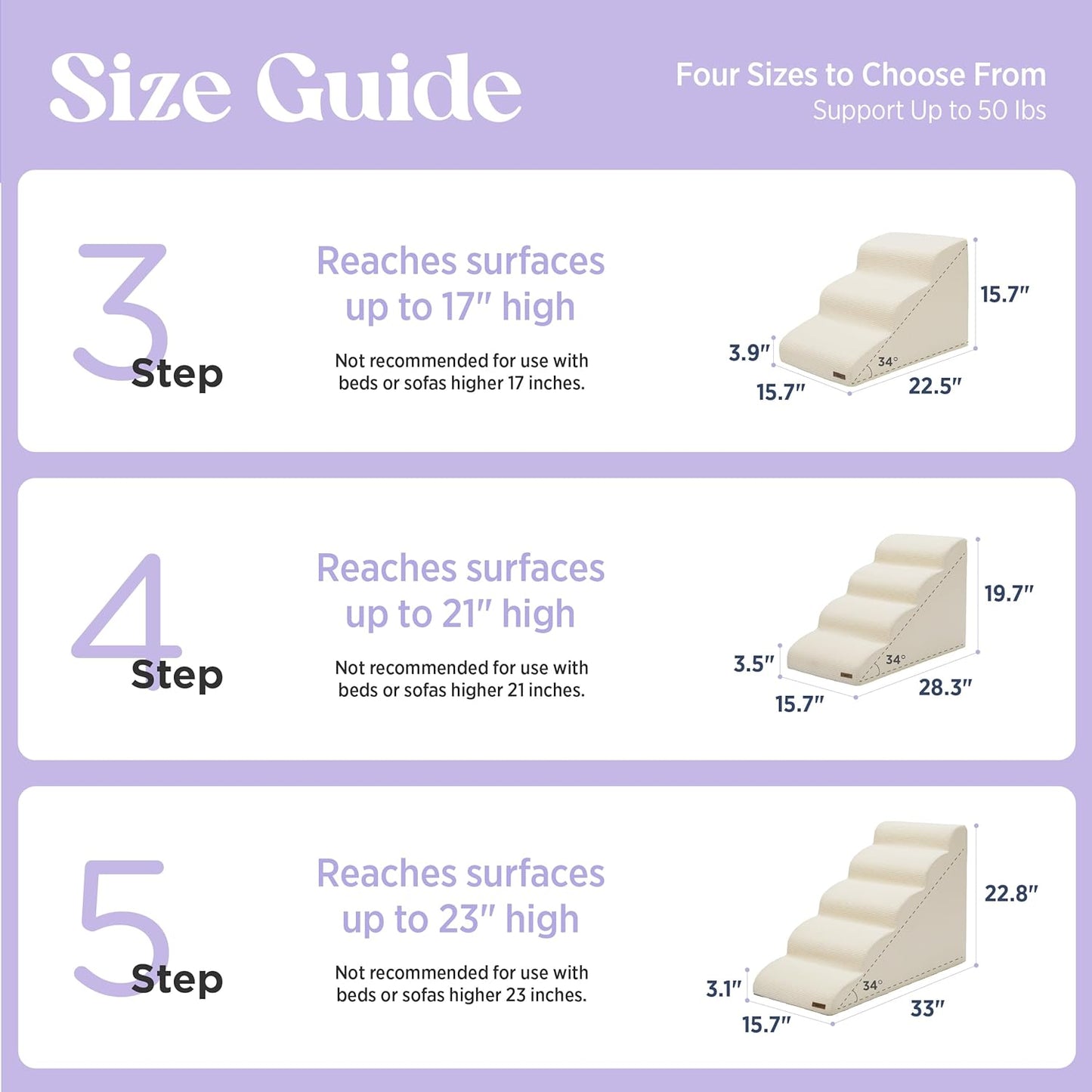 Lesure Dog Stairs for Small Dogs and Cats Pet Steps Ramp for Bed and Couch with CertiPUR-US Certified Foam with Non-Slip Bottom, Beige, 3 Steps