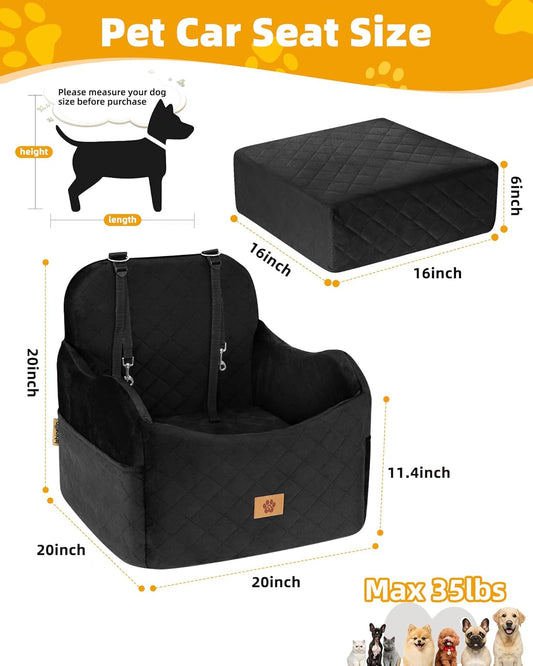 Car Seat Booster for Dog: High-Support Memory Foam Pet Car Seat for Small/Medium Dogs Under 35lbs with Elevated Cushion - Detachable Washable Puppy Travel Bed for Driving with Pockets (Black)