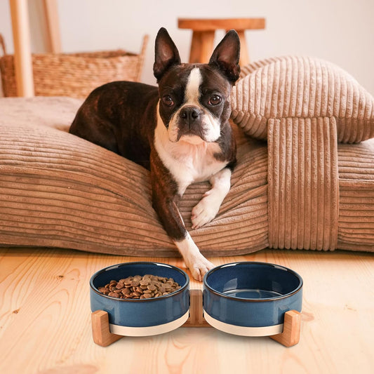 SPUNKYJUNKY Ceramic Dog and Cat Bowl Set with Wooden Stand, Modern Cute Weighted Food Water Bowl Set for Small Size Dogs (1.7 Cups, 2 Γ Pattern Blue)
