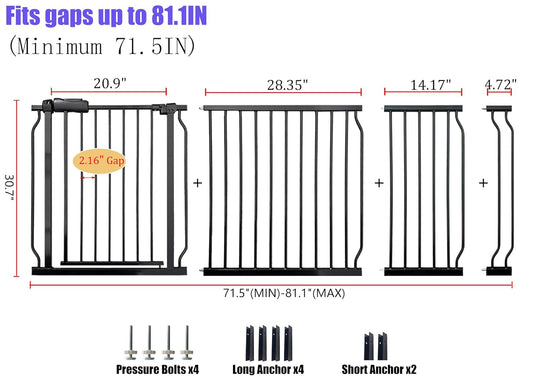 Extra Wide 76.4-81 Inch Large Baby Gates for Stairs, Doorways - No Drilling, Pressure Mounted Pet Gates for Kids & Dogs