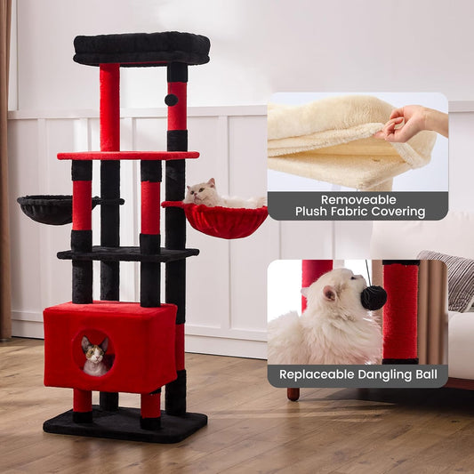 Gardner Pet 65in Heavy Duty Cat Tree Tower for Large Cats, Multi-Level Cat Furniture with Replaceable Sisal Scratching Post, Hammock | Extra-Large Platform & Condo (Black Red, Basic Ο:2.84")