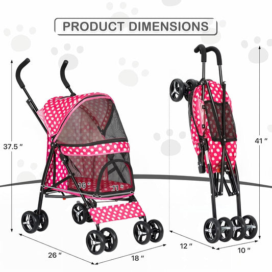 MoNiBloom 4 Wheels Pet Stroller, Easy-Fold Umbrella Shaped Dog Cat Jogger Stroller w/Storage Bag & Visible Mesh for Small/Medium Dogs Cats Hot Pink Polka Dots