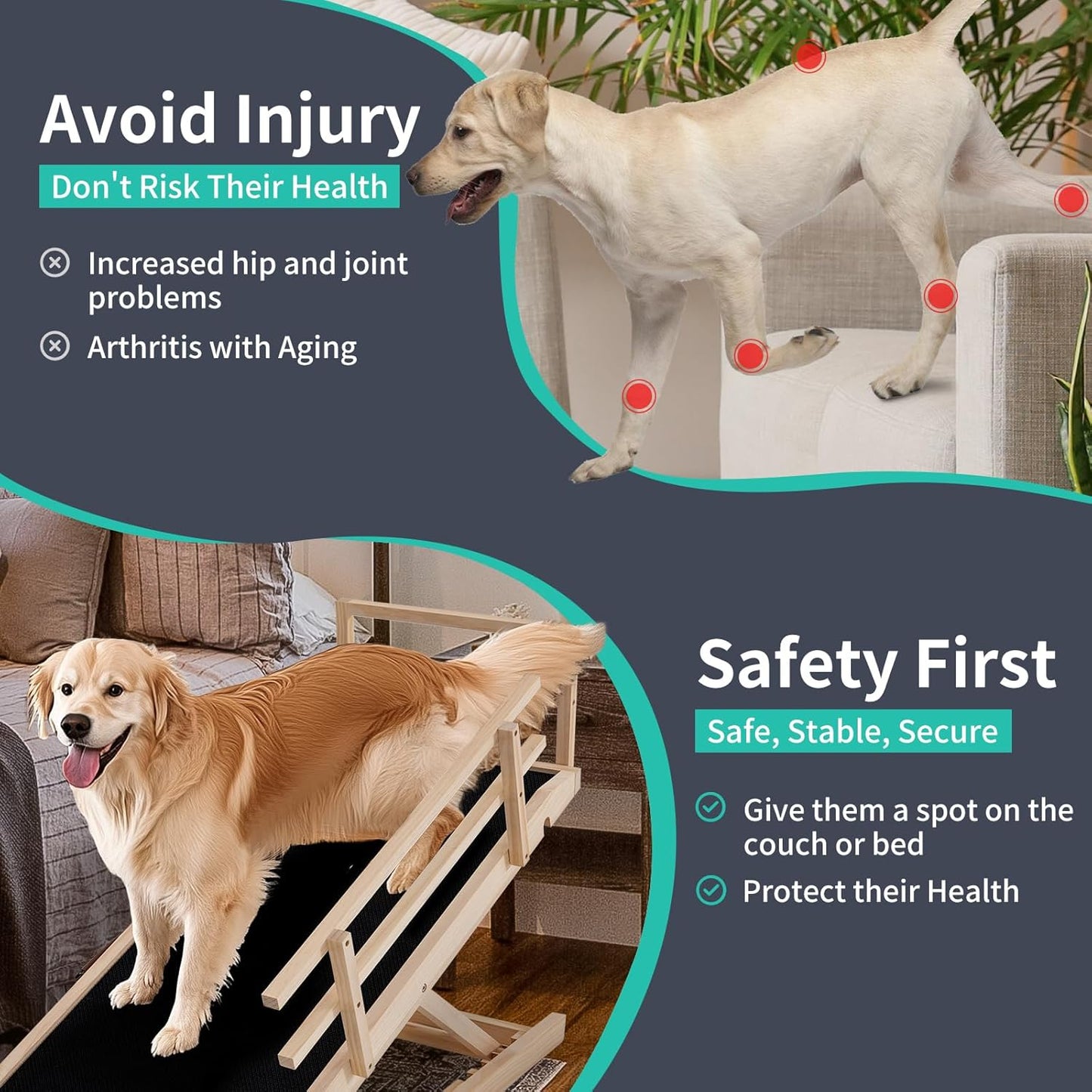 Dog Ramp, 5 Level Adjustable Height Folding Pet Ramp for High Bed, Portable Paw Ramps Large Bed Ramp for Medium & Large Old Dogs & Cats - Natural Wood Furniture Quality