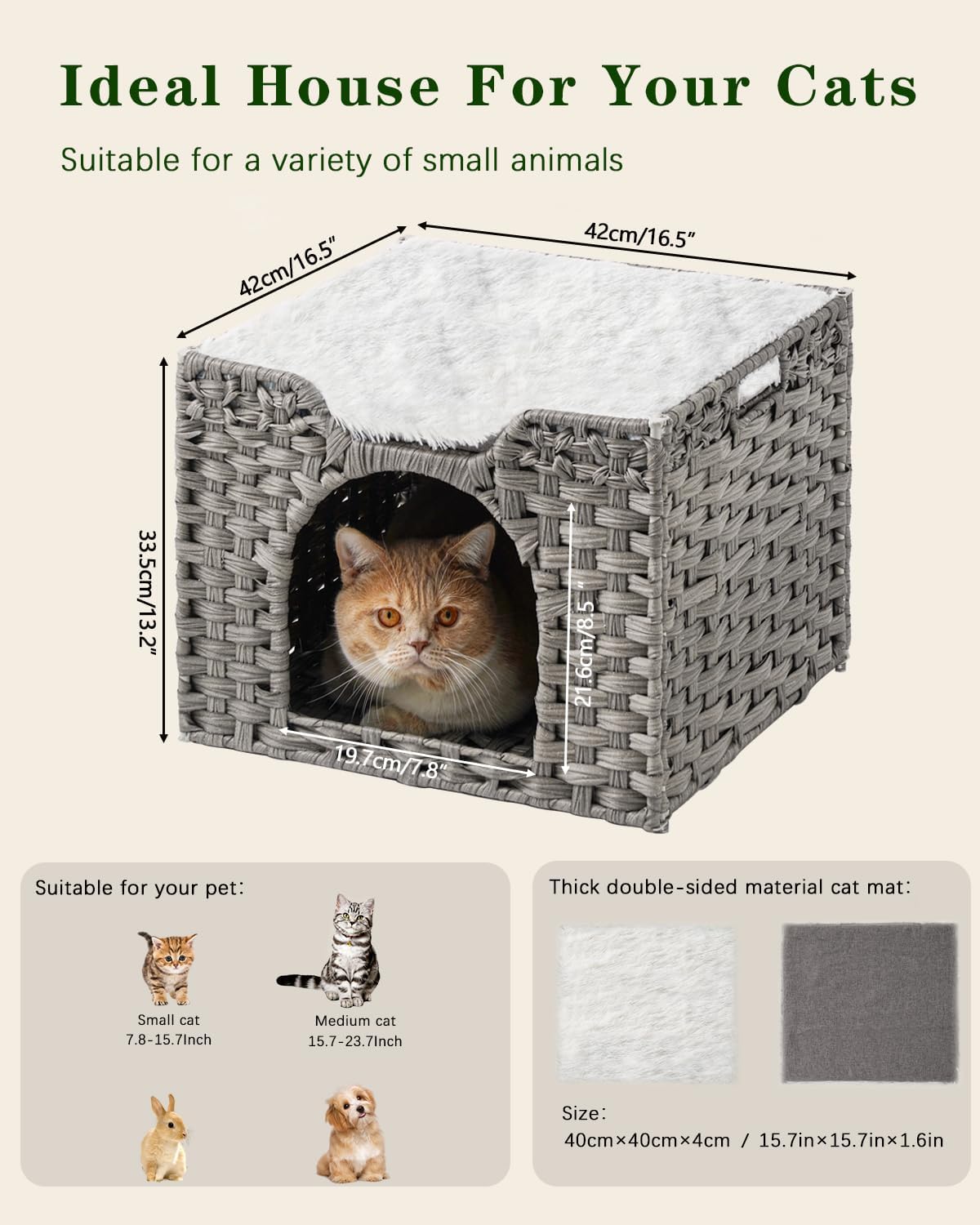Cat Beds Indoor Kitten House, Handwoven Rattan Cat Cave Pet Cube, Large Cat Houses, One Bed Mat, Foldable, Hideaway, 16.5x16.5x13.2 Inches, 2 S-Shaped Hooks in Living Room Bedroom Gray