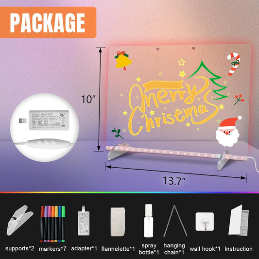 LED Note Board with Colors, 13.7"X10" 4 Modes & 7 Colors Acrylic Dry Erase Board with Light, Include Adapter, Hanging Chain, Led Drawing Board for Kids with Stand, 7 Markers, Spray Bottle