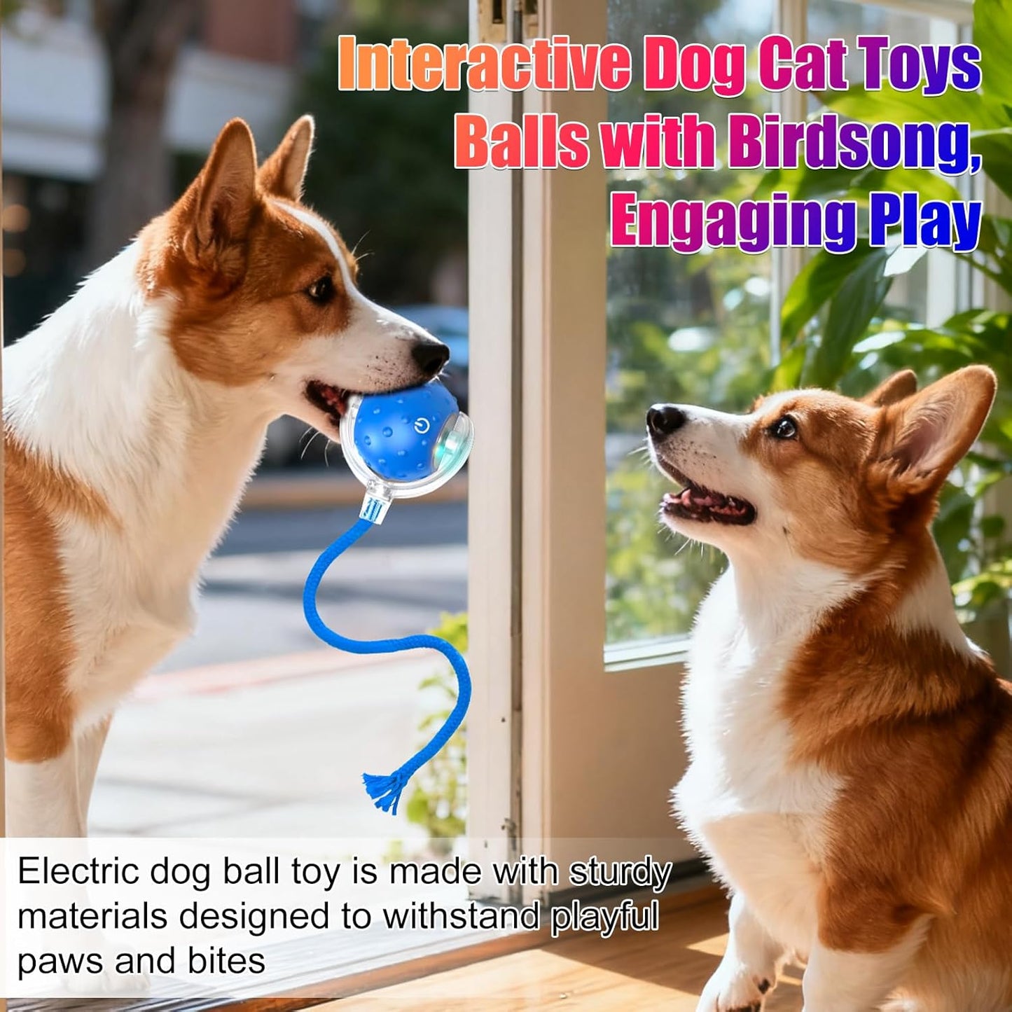Tiny Fetch Dog Toy, Tinyfetch Interactive Dog Cat Toys Balls with Birdsong, 360° Smart Automatic Rolling Dog Ball Toy with Rope for Pets Indoor & Outdoor Play (Blue)