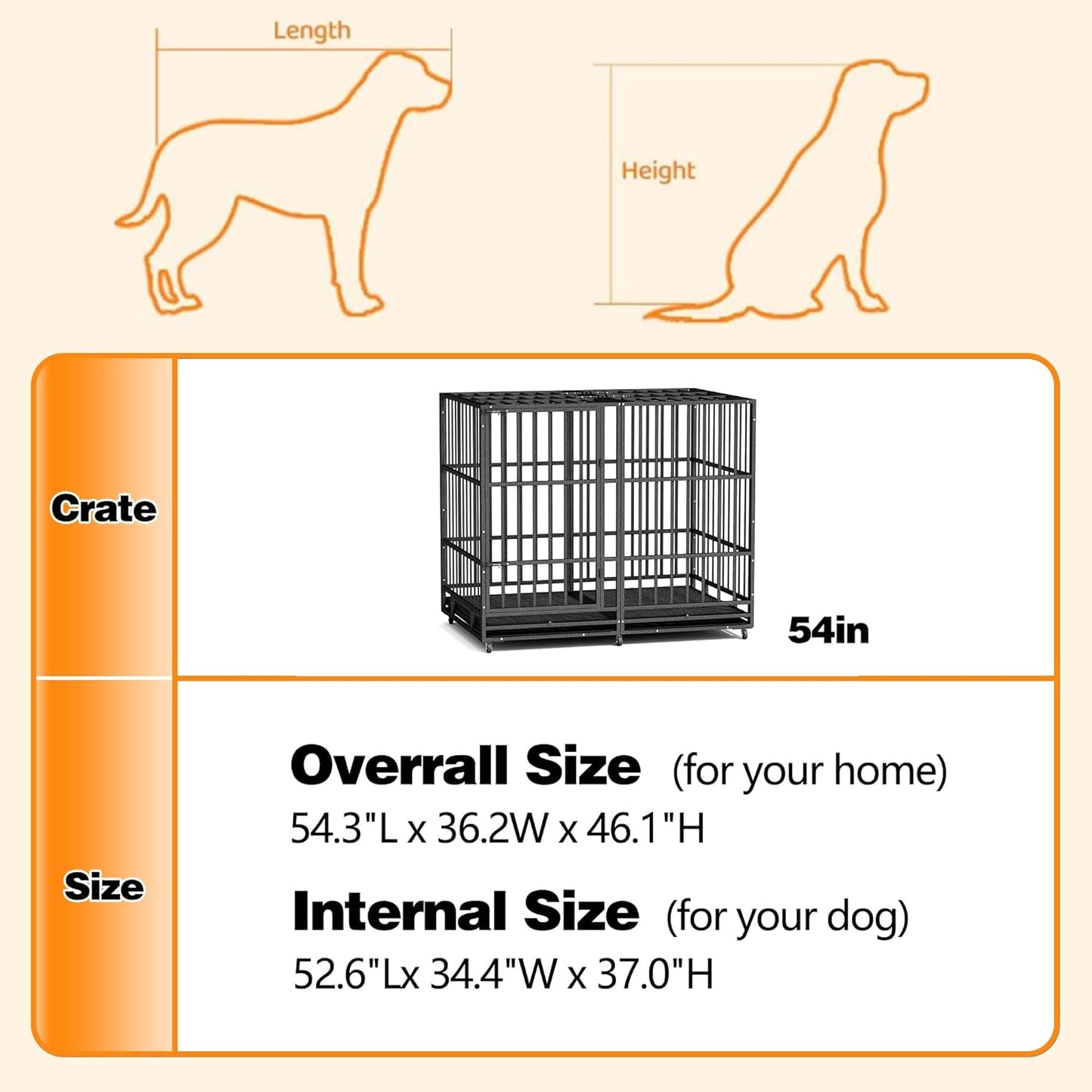 54 in Heavy Duty Indestructible Dog Crate Steel Escape Proof, High Anxiety Cage with Wheels, Removable Tray, Extra Large Dog Kennel XL XXL